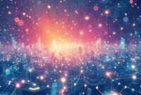 Ilustrasi abstrak yang menggambarkan jaringan koneksi digital yang luas, melambangkan ekosistem digital yang inklusif dan inovatif.