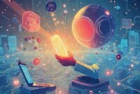 Ilustrasi kolaborasi antara Kominfo dan perusahaan teknologi raksasa dalam membersihkan internet dari hoax dan penipuan. Desain futuristik dan optimis.