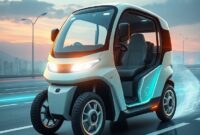 Ilustrasi konsep Indonesia sebagai pemimpin dalam teknologi EV, dengan mobil listrik buatan lokal melaju di jalanan futuristik dengan energi terbarukan.