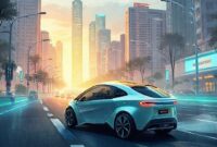 Ilustrasi mobil hemat energi ITS dengan desain aerodinamis melaju di jalan raya dengan latar belakang perkotaan yang futuristik.