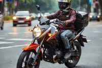 Ilustrasi motor listrik Indomobil Sprinto dengan desain modern dan stylish, sedang melaju di jalan perkotaan yang ramai.