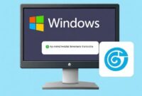 Ilustrasi sebuah komputer PC dengan logo Windows di layar dan ikon gTrans di dekatnya, menunjukkan proses download dan instalasi.