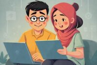 Ilustrasi yang menggambarkan orang tua dan anak sedang berdiskusi tentang keamanan internet dengan latar belakang perangkat digital.