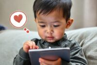 Seorang anak kecil sedang menggunakan tablet dengan ekspresi bingung, dikelilingi oleh ikon-ikon internet yang berbahaya.