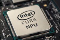 A close-up shot of the Intel Core Ultra processor with a visible NPU label, integrated into the motherboard of a laptop, highlighting the AI capabilities.