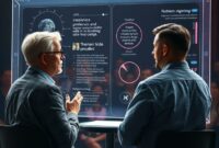 A conceptual image showing a blend of human casting directors actively discussing and a holographic screen displaying data points and algorithms related to actor preferences and audience demographics, illustrating the blend of intuition and data.