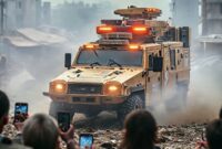 A realistic image of Telkomsel technicians working on a BTS tower in a rural, hilly area of Sumatera, with solar panels visible, symbolizing efforts to bring connectivity to remote regions.