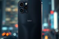 A highly detailed and futuristic smartphone with a prominent, large camera module at the back, featuring multiple lenses and a Leica logo. The phone is sleek, made of premium materials, and glowing with an aura of advanced technology. The background is a blurred cityscape at night, with bokeh lights.