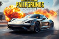 A sleek Porsche car, possibly a Taycan, dramatically driving through a stylized PUBG Mobile game map, with explosions and other in-game elements in the background, showing high-quality graphics and excitement.