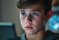 A thoughtful young teenager looking at a glowing screen with a worried expression, while a subtle, glowing AI interface is visible in the reflection of their eyes. The background is blurred, focusing on the teen's emotional state.