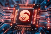 An abstract, futuristic image of a smartphone chipset with glowing circuits, specifically highlighting a