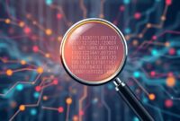 An abstract illustration showing data flowing into a neural network, with some data streams subtly colored differently, symbolizing bias. A magnifying glass hovers over the output, indicating scrutiny of AI's integrity.