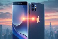 An abstract illustration showing a giant Samsung smartphone and a giant Apple iPhone side-by-side, with glowing lines connecting their camera modules, symbolizing a shared technological direction. The background is a futuristic city skyline at dusk, representing the future of smartphone dominance.
