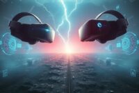 An epic digital artwork depicting a futuristic battlefield with Meta Quest headsets on one side and Apple Vision Pro devices on the other, symbolizing a