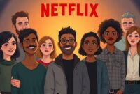 An illustration depicting a diverse group of actors from various backgrounds standing together, looking hopeful, with a glowing Netflix logo in the background, symbolizing new opportunities.
