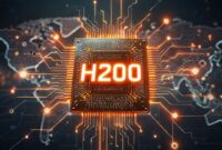 An illustration depicting a highly advanced Nvidia H200 chip at the center, surrounded by glowing abstract AI symbols and neural network connections. The chip is shown with intricate circuit patterns, emphasizing its complexity and power. Background features a subtle global map with light lines connecting different regions, symbolizing the global supply chain and technology trade.