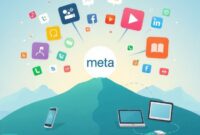 An illustration depicting a fragmented digital communication landscape (multiple app icons, different devices) gradually converging into a single, unified platform with the Meta logo at its center, symbolizing consolidation and integration.