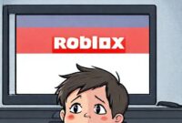 An illustration depicting a young child looking sadly at a blocked Roblox logo on a computer screen, with a stylized