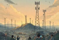 An illustration depicting a devastated landscape after a natural disaster (e.g., earthquake or flood) with broken communication towers and people trying to use their phones with no signal. The scene highlights isolation and despair.