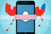 An illustration depicting a smartphone screen with the Snapchat ghost logo being blocked by a digital barrier, with Russian flag elements in the background, symbolizing censorship.