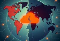 An illustration depicting a global internet outage, with half of the world's internet connections shown as broken or dark, while the other half is still lit up. A central