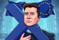 An illustration depicting the European Union flag imposing digital regulations on a stylized