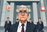 An illustration depicting a group of senior executives in suits walking away from a corporate building, with a distressed look on the face of a remaining executive in the foreground. The building facade subtly shows logos of iconic products.