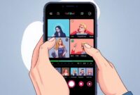 An illustration depicting a smartphone screen showing various advanced video editing tools and effects, with creative hands working on it. The background subtly shows a TikTok logo. Focus on professional yet user-friendly interface.