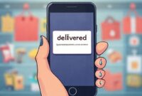 An illustration depicting a smartphone showing a deceptive 'package delivered' notification with a suspicious link, held by a hand. The background is a blurred e-commerce interface with various shopping items, symbolizing online shopping convenience mixed with digital threats.