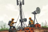 An illustration of a Kominfo/BAKTI rapid response team working to restore a BTS tower. They are shown using portable generators and satellite equipment in a challenging, muddy environment. The image should emphasize teamwork, determination, and the use of technology for recovery.