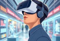 An illustration of a person wearing a VR headset, immersed in a futuristic virtual shopping mall with holographic product displays and an AI assistant floating beside them, showing the
