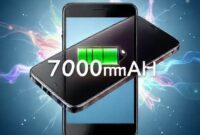 An illustration of a sleek smartphone with a visible battery icon showing full charge, emphasizing its long battery life. The phone design should be modern and appealing, possibly in a vibrant color, surrounded by abstract representations of energy or power. Text overlay could subtly hint at