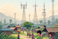 An illustration of a bustling village in North Sumatra, with modern telecommunication towers prominently visible in the background, symbolizing digital connectivity reaching rural areas. People are seen using smartphones for various activities like selling goods online and children learning.