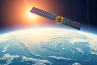 An illustration of the Satria-1 satellite orbiting above the Earth, with beams of internet connectivity reaching various islands of Indonesia. The image should convey a sense of hope and advanced technology, with a clear focus on connecting remote areas.