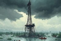 An illustration of a destroyed BTS tower amidst a flooded landscape in Sumatra, with dark, stormy clouds overhead. In the foreground, people in rescue boats are seen. The image should convey the devastation and the critical need for communication.