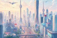 An illustration of a bustling smart city in China, with 5G towers clearly visible, connecting autonomous vehicles, drones, and smart buildings. The image should convey high-tech, futuristic infrastructure and rapid development.