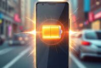 An illustration of a sleek, modern smartphone (representing OnePlus 15R) glowing with energy, surrounded by an aura of power, with a large battery icon prominently displayed. The background shows blurred city life, implying long usage without charging.