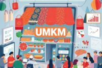 An illustration of a bustling online marketplace with diverse Indonesian UMKM products (batik, handicrafts, food) prominently displayed, surrounded by digital elements like shopping carts, data graphs, and a diverse group of happy customers. The overall mood is vibrant and innovative, emphasizing technology and connection over just discounts.