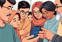 An illustration of a diverse group of Indonesian people, young and old, looking at a smartphone screen with crypto charts and educational content. The background shows iconic Indonesian landmarks subtly. The image should convey learning, community, and digital investment.