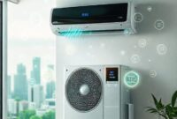 An innovative, sleek-looking local AC unit with glowing AI symbols and data streams floating around it, set in a modern, energy-efficient home. The background shows a slightly futuristic, green cityscape, emphasizing