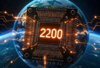 An intricate, futuristic microchip (Nvidia H200 concept) with glowing AI neural network lines superimposed, against a backdrop of the Earth at night, symbolizing global technology and interconnectedness.