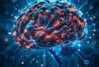 An intricate, futuristic brain composed of circuit boards and glowing lines, symbolizing AI intelligence, with abstract mathematical symbols floating around it. The brain is glowing with a soft blue light, suggesting advanced computation.