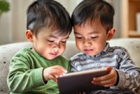 Anak-anak berinteraksi dengan tablet di lingkungan yang aman, dengan ikon perisai dan gembok digital melayang di sekitar mereka, menggambarkan konsep