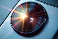 Close-up of a sleek, futuristic smartphone camera lens with intricate light refractions, symbolizing advanced optical technology and vibrant, natural light. The phone body has a premium finish.