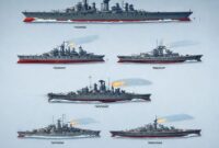 Ilustrasi beberapa jenis kapal perang yang tersedia di World of Warships, mulai dari kapal perusak hingga kapal induk.