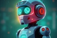 Ilustrasi bot chat raksasa yang sedang diawasi dengan teropong besar, di latar belakang terlihat logo Uni Eropa dan Meta/WhatsApp. Lingkaran cahaya neon biru di sekitar bot, menunjukkan teknologi AI.