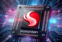 Ilustrasi chipset Snapdragon 8 Gen 5 dengan efek futuristik dan menonjolkan kecepatan.