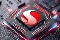 Ilustrasi close-up chipset Snapdragon 8 Gen 5 dengan detail arsitektur yang futuristik.