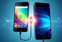 Ilustrasi futuristic dari dua perangkat (Android phone dan PC Windows) terhubung secara nirkabel dengan simbol sinkronisasi yang modern.