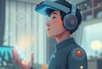 Ilustrasi futuristik dari seseorang yang berinteraksi dengan Zen Gadget AI melalui suara dan gestur di lingkungan rumah pintar.